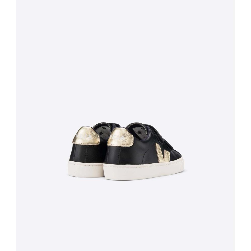 Kids' Veja ESPLAR LEATHER Sneakers Black/Gold | ZA 812UZG